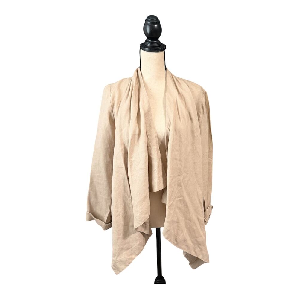 Richard Malcolm Women's Khaki 100% Linen Open Waterfall Cardigan Sz 12 Beachy